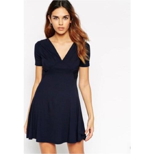 Summer new style waist closing A-line skirt deep V short sleeve slim solid color dress