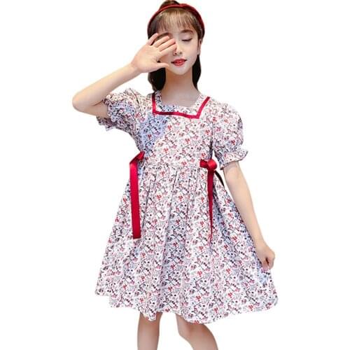 Girls Summer Dresses Big Bow Girls Party Dress Floral Pattern Kids Dress Casual Style Clothes Girl