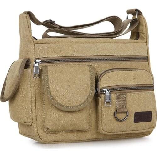 Men Canvas Shoulder Bag Travel Handbags Multifunction Messenger Bags Solid Zipper Top-handle Pack Casual Crossbody Bags