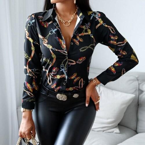 Sexy luxury Retro Print Shirt Women Long Sleeve Turn-down Collar Button Blouses Office Lady Club Party Fashion Vintage Tops