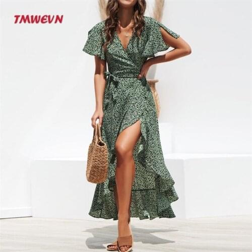 Tmwevn Printed High Waist Lace-up V-neck Sexy Chiffon Swing Irregular Dress