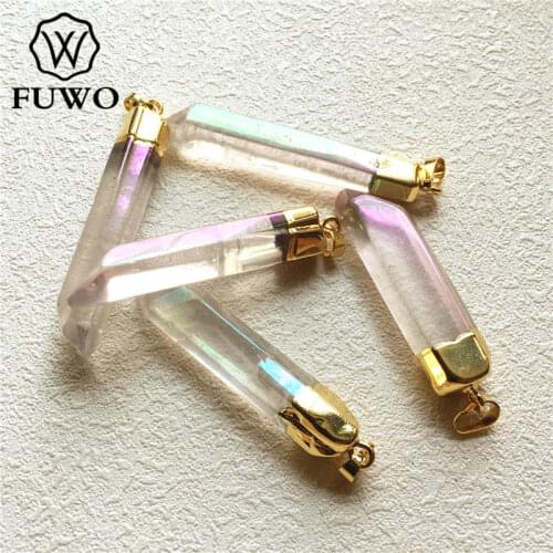 FUWO Natural Aura Crystal Quartz Point Pendant High Quality Semi-precious Stone 24K Gold Electroplated Jewelry Wholesale PD074