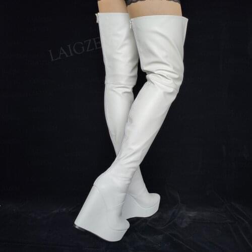 LAIGZEM Women Thigh High Boots Platform Wedges Full Zip Round Toe Over Knee Boots Unisex Party Shoes Woman Large Size 42 44 52