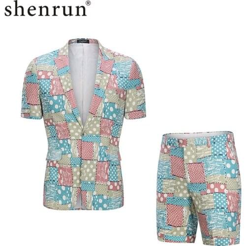 Shenrun Men Suit Summer Short Sleeve Jacket Short Pants 2 Pieces Fashion Slim Fit Casual Suits Hawaii Beach Seaside 100% Cotton