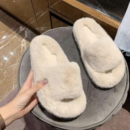 Faux Fur Home Slippers Fluffy Women Slides Comfort Furry Flat Sandals Female Cute Slippers Shoes For Woman Indoor Flip Flops