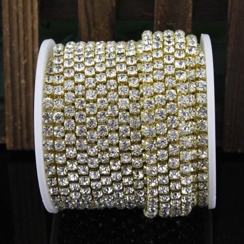 SS16 Clear Crystal Compact Close Golden Rhinestone Chain Jewelry Craft Crystal Ribbon Band 2Colors