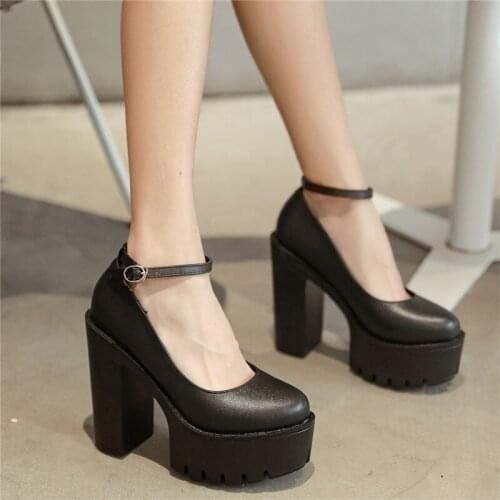 PXELENA Hot Block Chunky Super High Heels Pumps Women Thick Sole Platform Ankle Strap Punk Rock Gothic Party Shoes 2021 Spring