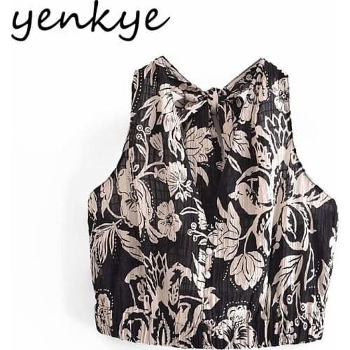 YENKYE Vintage Floral Print Back Knotted Top Women Sexy Backless Sleeveless Summer Crop Top Fashion Blusas