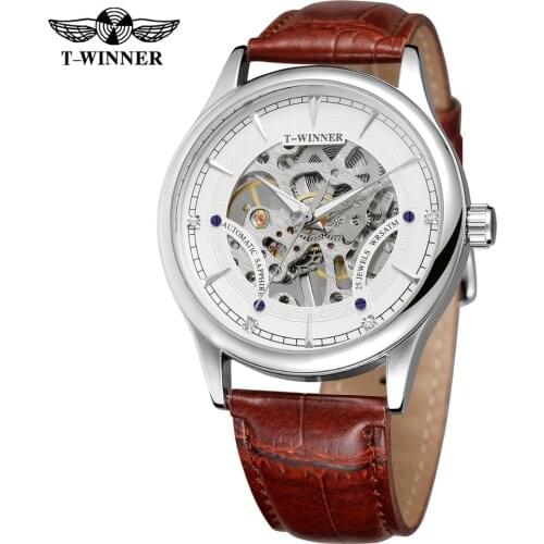 T-WINNER fashion casual mens watch white hollow dial silver case reddish brown leather strap automatic mechanical watch
