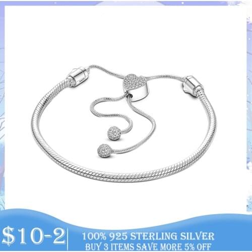 Femme Moments Pave Heart Clasp Snake Chain Slider Bracelet 925 Sterling Silver Snake Chain Slider Bracelet for Women Jewelry