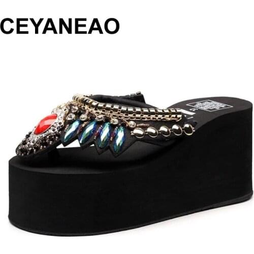 CEYANEAO 2021 Platform Wedge Heel 8cm Women Slippers Flip Flop Rhinestone Luxurious Summer Shoes Comfortable High Quality Slides