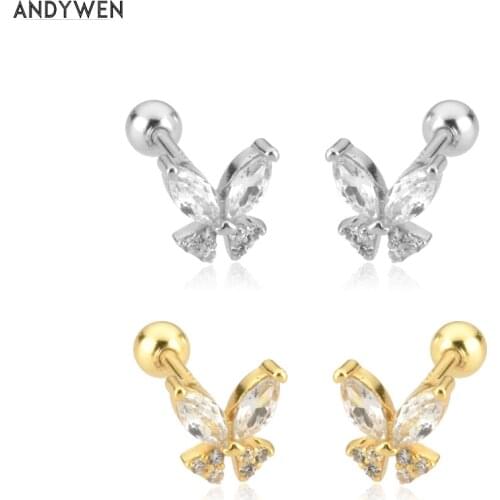 ANDYWEN 925 Sterling Silver 2021 Gold Clear Butterfly Piercing Stud Earring Women Rock Punk Clips Wedding Party Accessories