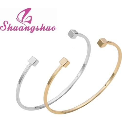 Shuangshuo Fashion Love Cuff Bangle Adjustable Simple Open Double Square Bar Bracelets & Bangles for Women Viking Bracelet SZ006