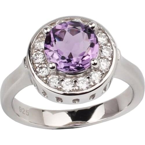 Women Natural Purple Amethyst Ring 925 Silver Band 8.0mm Round Gemstone Classic Design February Birthstone Jewelry R022PAN