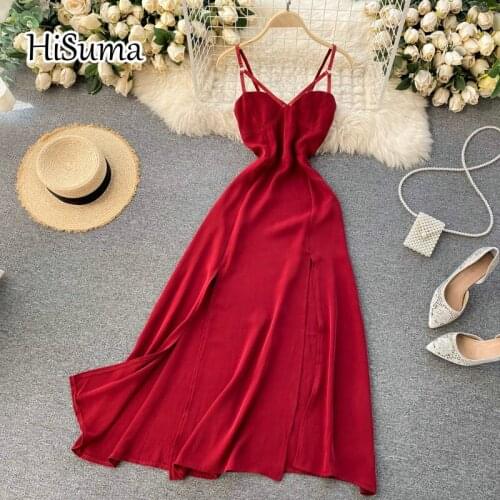 2021 spring summer new womens strap V-neck blackless waist split A-line dress female sling Chic elegant slim party dresses