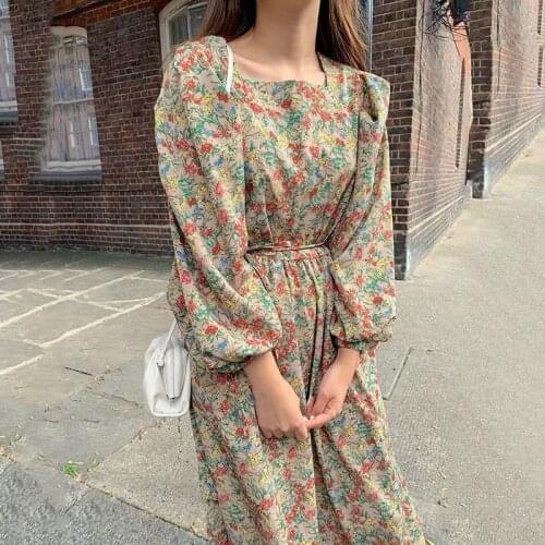 Women Spring Square Collar Long Sleeve Long Floral Dresses Elegant vintage High Waist Ruffle Dresses with Waist Belt
