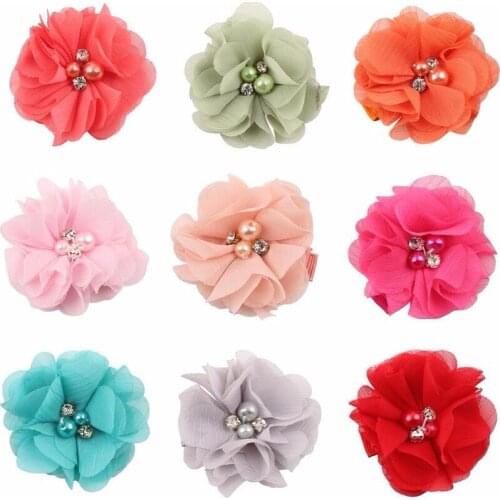 10pcs Chiffon Flowers with hair clips strong ribbon lined double prong pearls and rhinestones Fabric Flowers clips gift box