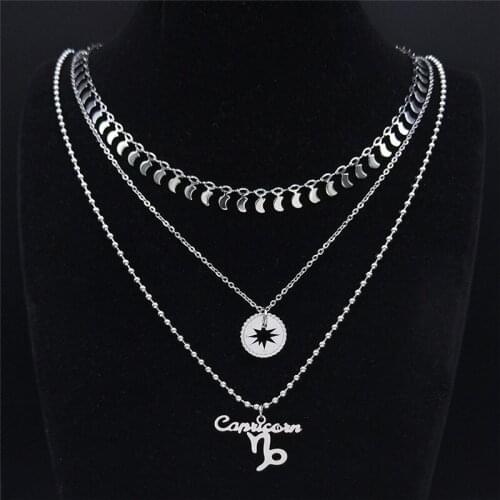 3pcs Stainless Steel Capricorn Necklace Charm Women Silver Color 12 Constellations Layer Necklaces Jewelry collar NXS04