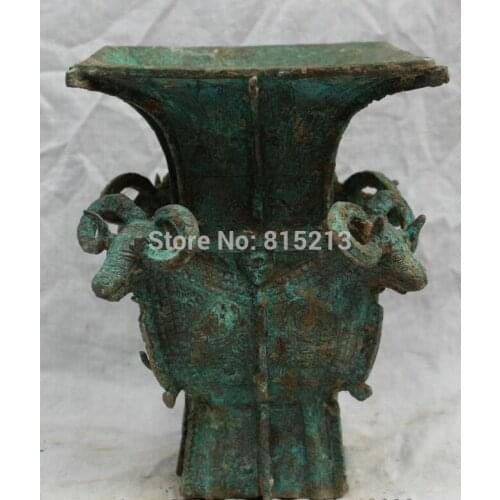 Bi001086 9" Chinese Dynasty Palace Folk Old Bronze 4 Sheep Head Statue Zun Jar Vase Pot