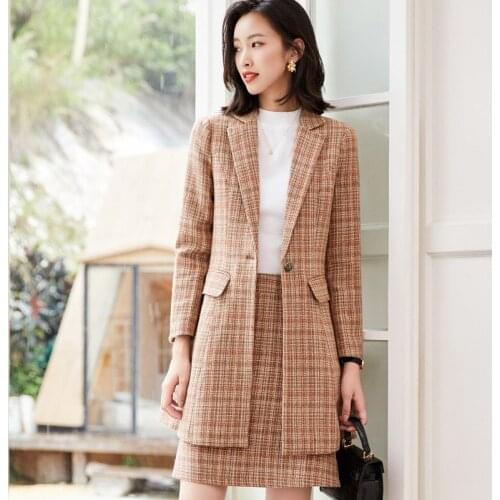 IZICFLY Winter New Style Khaki Plaid Women Blazer and Skirt Suit Office Business Windbreaker For Work Wear Long Outwear 2 Piece