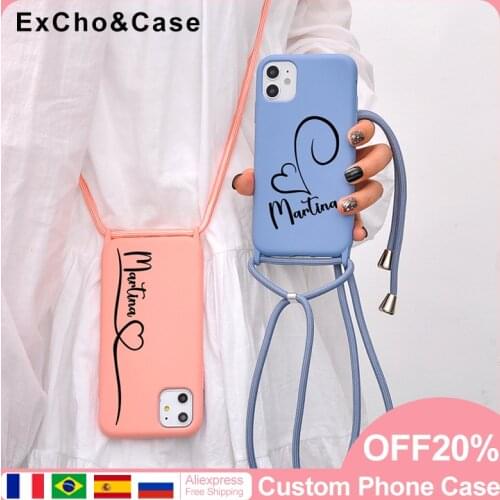 Custom Name Silicone Case For iPhone 11 Pro 12 SE X XR XS SE 7 8 Plus Crossbody Lanyard Love Peach Logo Phone Cover Girl Gift