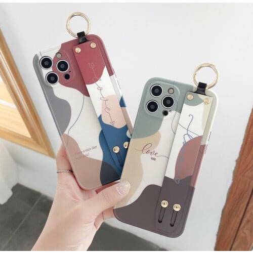 Art Retro Abstract Wrist Strap Phone Case For iPhone 12 11 Pro Max XR XS Max 7 8 Plus X SE 2020 Soft TPU Shockproof Holder Cover