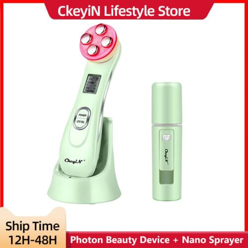CkeyiN 5 in 1 Electroporation Microcurrent Facial Massager RF LED Photon Beauty Device + Nano Sprayer Facial Steamer Humidifier
