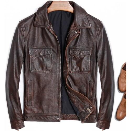 Factory 2020 New Men Brown Fashion Motorcycle Cow Leather Jacket 100% Real Cowhiede Slim fit Jackets Small Size M-4XL