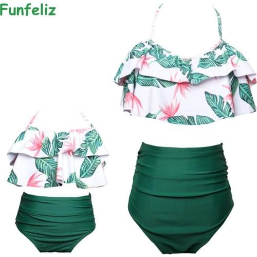 Funfeliz Family Matching Outfit Swimwear Girls Swimming Suit Kids Bikini ChildrenTankini Mother Daughter Two Pieces Swimsuit