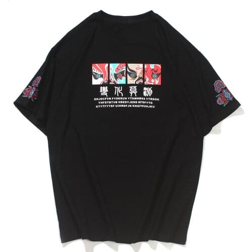 LACIBLE Harajuku Streetwear T-Shirt Chinese Beijing Opera Kanji Embroidery Print Tshirt Casual Short Sleeve Tee Men Women Unisex