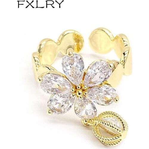FXLRY Elegant Inlaid AAA Zircon Simple CZ Flower Open Adjustable Ring For Women Jewelry