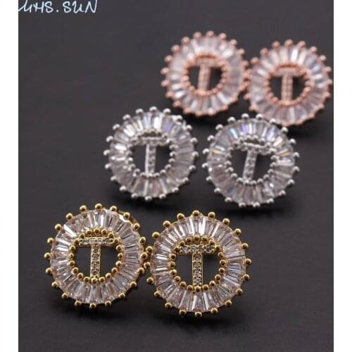 MHS.SUN New Fashion Alphabet Zircon Stud Earrings Charming A-Z Letters AAA CZ Women Stud Earrings Luxury Gold Color Jewelry