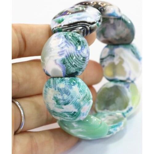 Fashion Natural Stone Green Fire Agates 24x28mm Geometry Beads Bracelet Genuine Bangle For Women Manual Bracelets 7.5inch B3266
