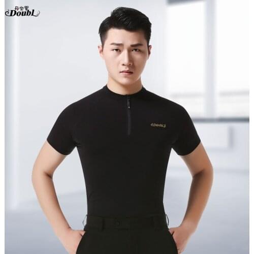 Doubl Dance Practice Latin Tops Man Ballroom Dance Costume Modern Dance Costume Mens Elastic Fabric Short Sleeve Zipper Opening
