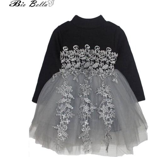 New Girl Dress Black Kids Dresses For Girls Party Dress Spring Autumn Long Sleeve Lace Flower Decor Ball Gown Kids Clothes