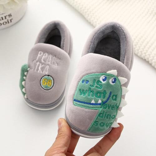 1-7 Years Old Baby Shoes Cartoon Dinosaur Cotton Slippers with Fur for Home Kids Warm Sandles Children Indoor Flip-flops