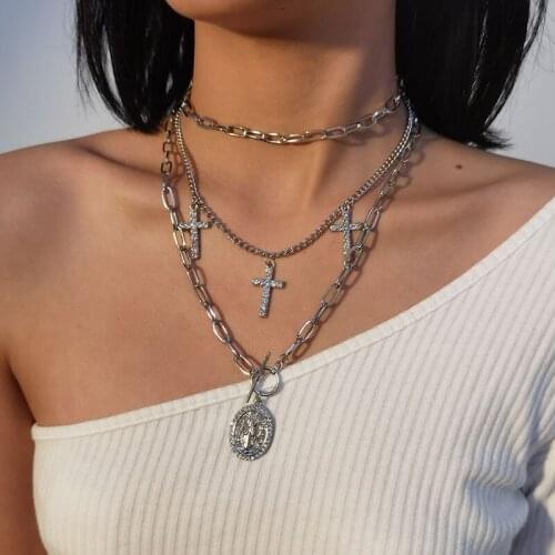 Punk Exaggerated Rhinestone Cross Figure Goddess Pendant Necklace Women Vintage Multilayer Geometric Necklace Pendants Jewelry