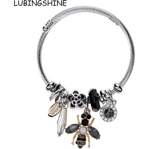Bee Charms Bracelets for Women Girl Crystal Bead Stainless Steel Bear Tassel Adjustable Open Cuff Wire Cable Bangles DIY Jewelry