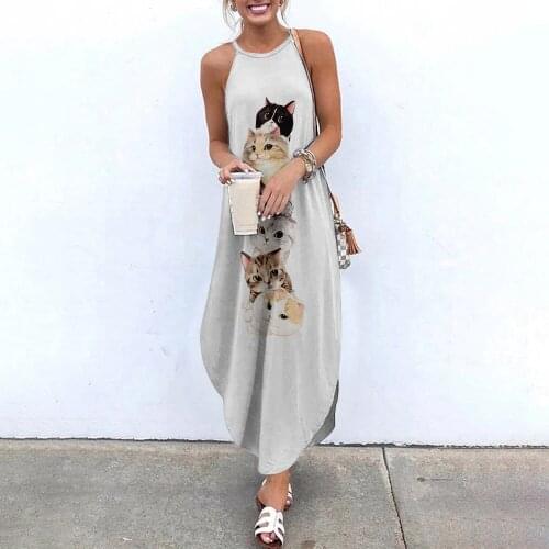 Maxi Dresses Sexy Sleeveless Sundress Women Cat Printed Causal Halter Summer Beach Dresses Asymmetric Ladies Sling Long Dress