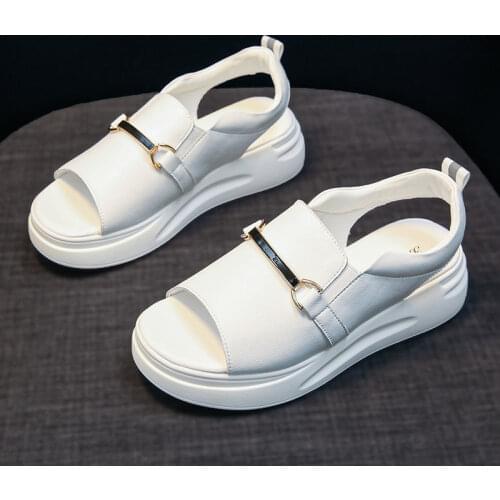 Sandals womens shoes summer 2021 new Mid Heel thick sole small white single shoes flat bottom leisure leather shoes summer