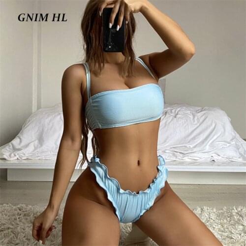 GNIM Sexy Solid Swimwear Women 2 Pieces Ruffle Bikini Set 2021 Summer Bandeau Swimsuit Push Up High Cut Sport Bathing Suit New