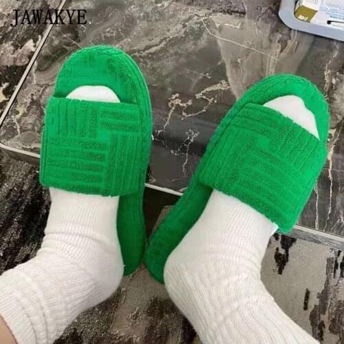 Green Towel Platform Women Slides 2021 Autumn New Thick Sole Open Toe Slippers Soft Street Style Mules Chic One Strap Flipflops