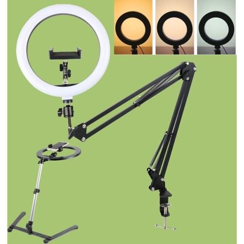 26cm 16cm LED Selfie Ring Light Photography Lighting Ringlight With Desk Long Arm Phone Holder For Youtube Live COOK Vlog Lamp
