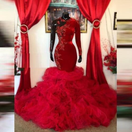 Dark Red Arabic Long Sleeves Prom Dresses Appliques Beaded Tiered Tulle And Velvet Evening Dresss Party Gowns Sexy Back Zipper