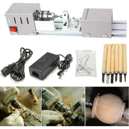 24V 80W 7 Speed Adjustment Mini Lathe Machine Woodworking DIY Lathe Set with DC Power Adapter and 6pcs Chisel