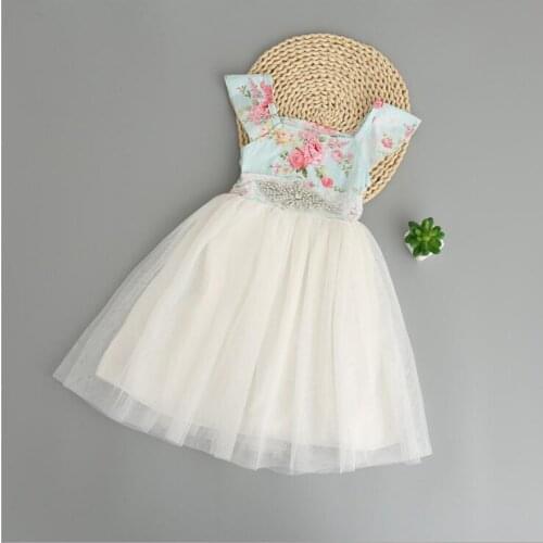 Toddler girls flowers puff sleeve tulle dress children korean styles high waist sashes mesh patchwork sundress summer clothing