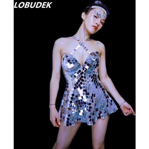 High Quality Silver Sequins Strapless Short Dress Mirrors Mini Dress Nightclub DJ Singer Bar Party Performance Stage Costume