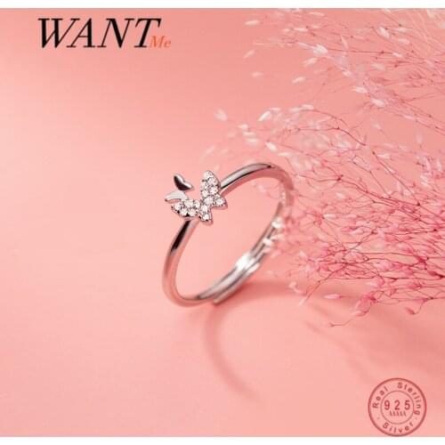 WANTME Real 925 Sterling Silver Pave Shiny Zircon Sweet Romantic Butterfly Open Ring for Women Fashion Korean Chic Party Jewelry