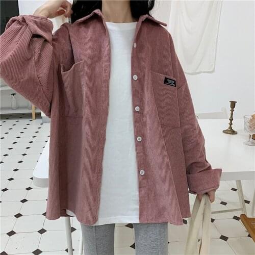 Retro Corduroy Jacket Women Casual Long Sleeve All-match Shirt Jacket Coats 2019 Spring Autumn Turn-down Collar Loose Outerwear