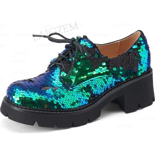 LAIGZEM Bling Glitter Women Loafers Round Toe Lace Up Ladies Female Shoes Woman Comfortabl Casual Footwear Size 36 38 39 40